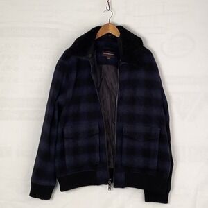 Michael Kors Bomber Jacket Men's‎ XL Blue Plaid Wool Blend Zip Up